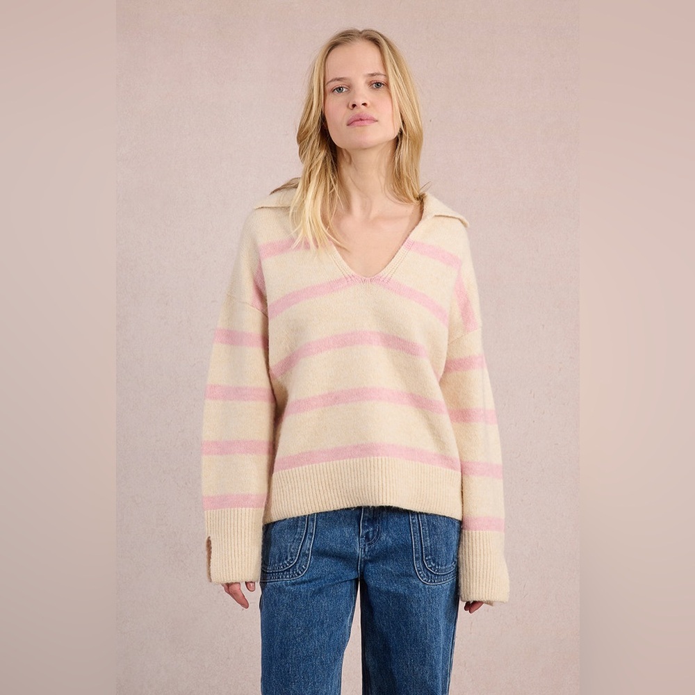 Molly Bracken Knitted V-Neck Sweater in Pink and Cream Sz S NWT